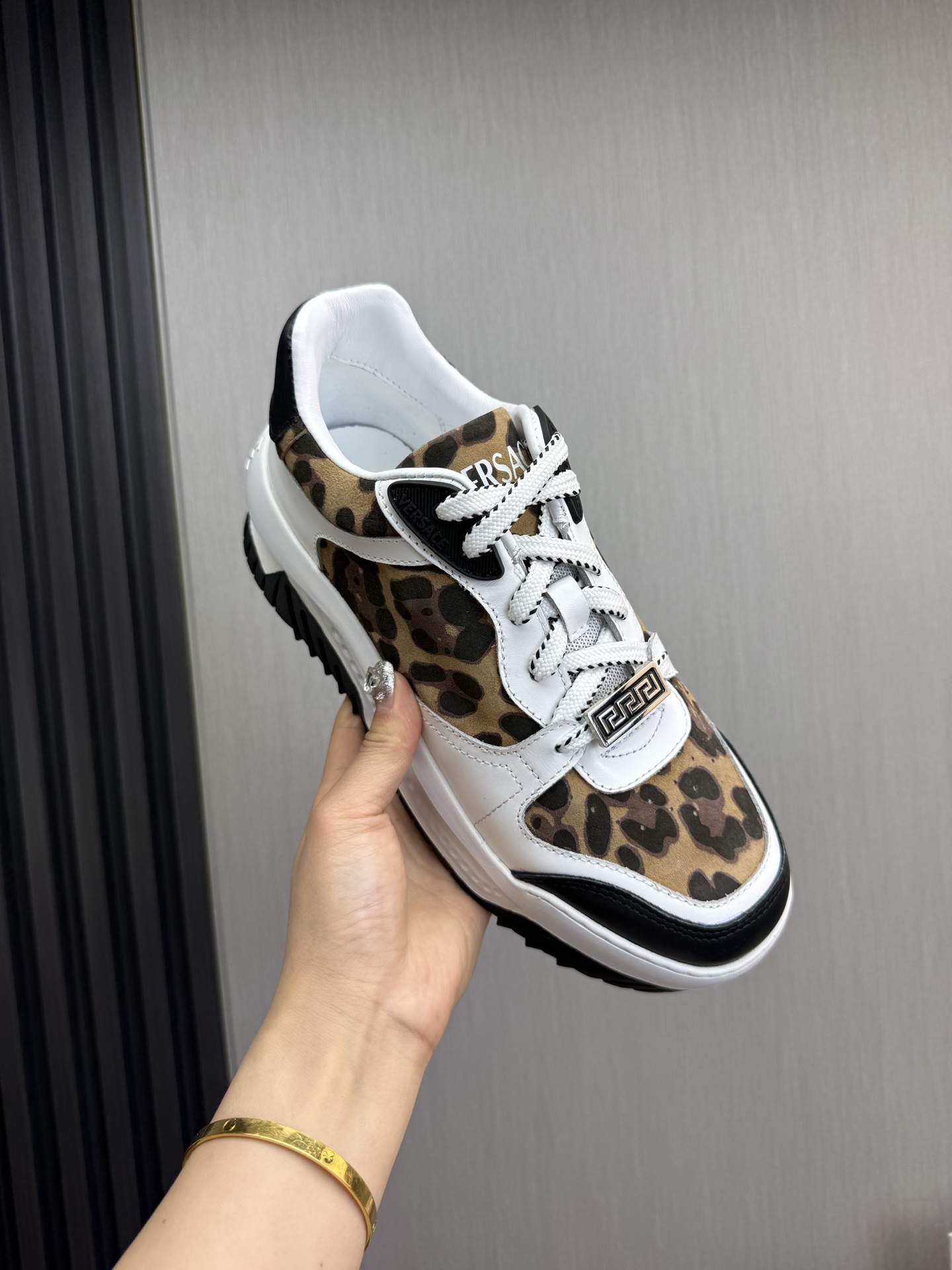 Versace Leather Casual Sneakers Leopard Brown