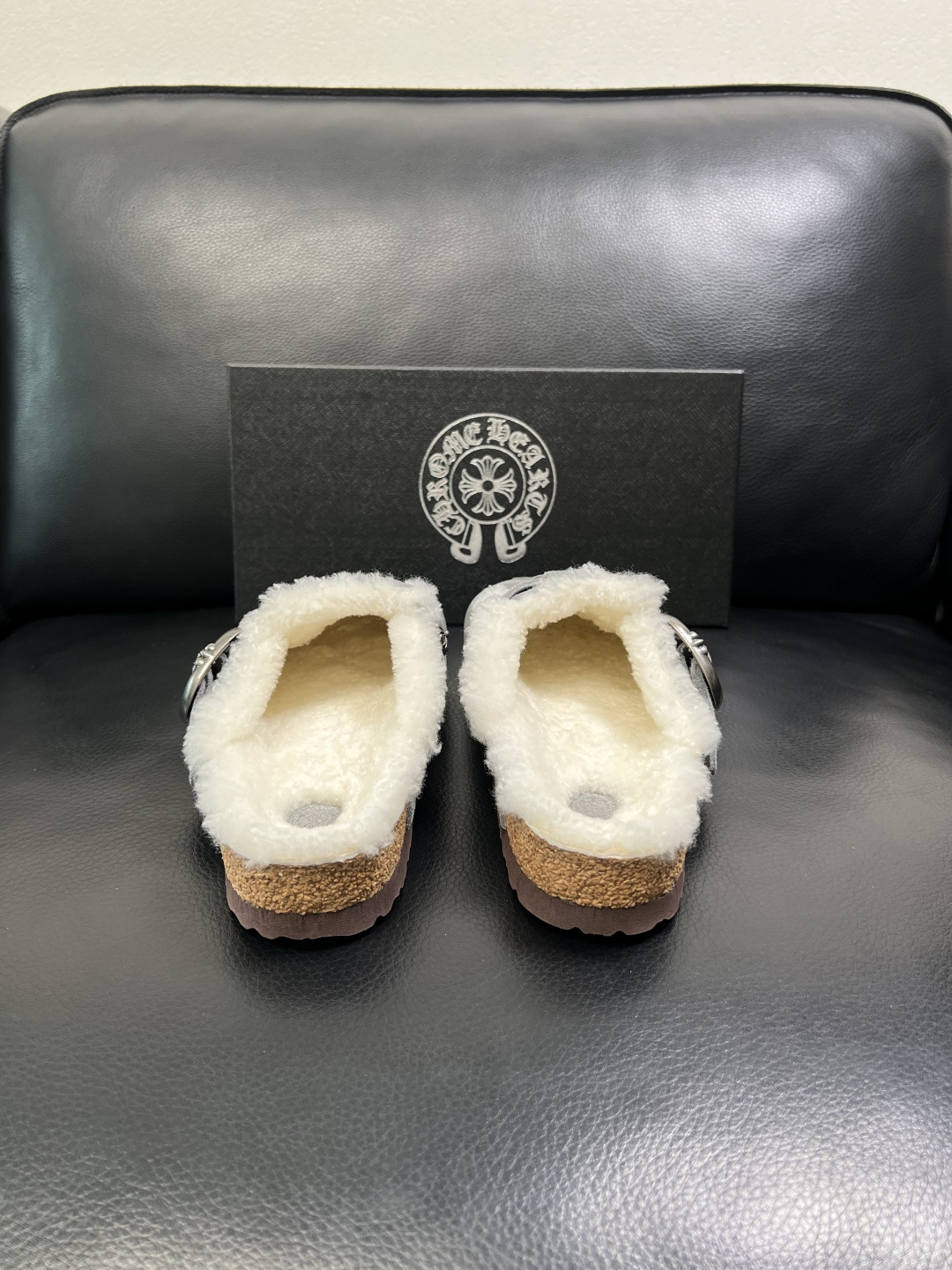 Chrome Heart Shearling-Lined Suede Clogs Gray