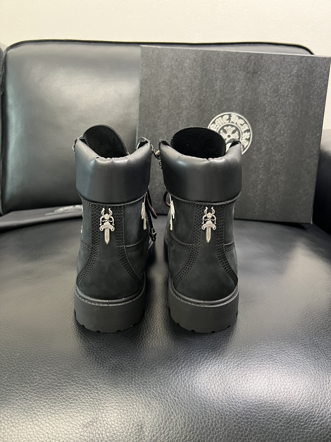 Chrome Heart Cross Leather Ankle Boots Black