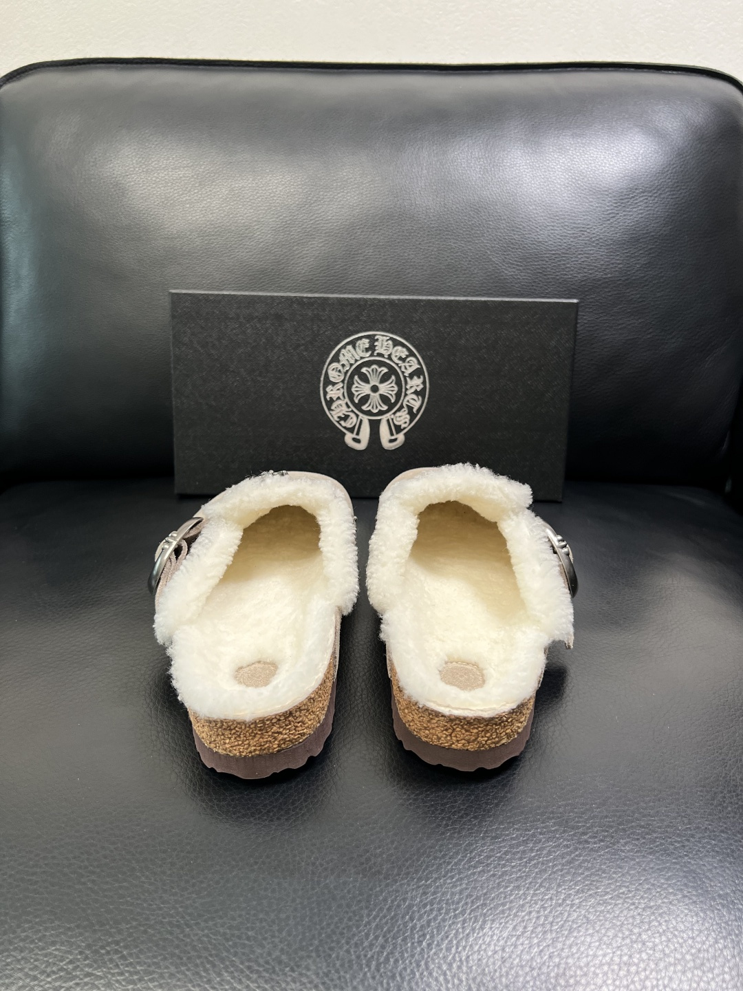 Chrome Heart Shearling-Lined Suede Clogs Beige