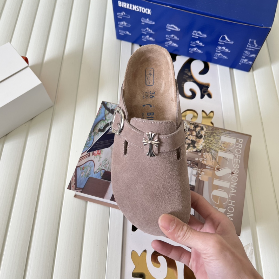 Birkenstock Suede Cross Buckle Clogs Taupe