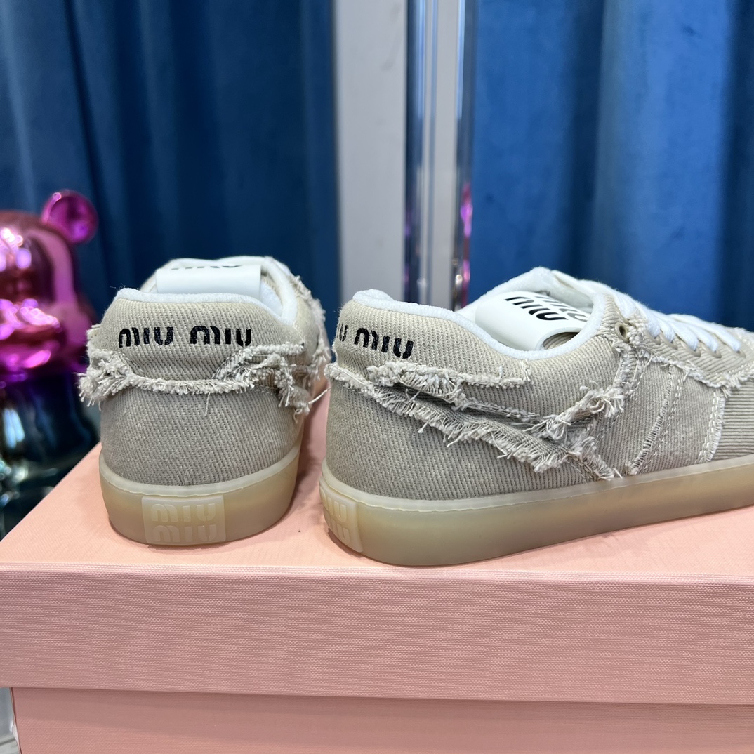 Miu Miu Distressed Fringe Canvas Sneakers Beige