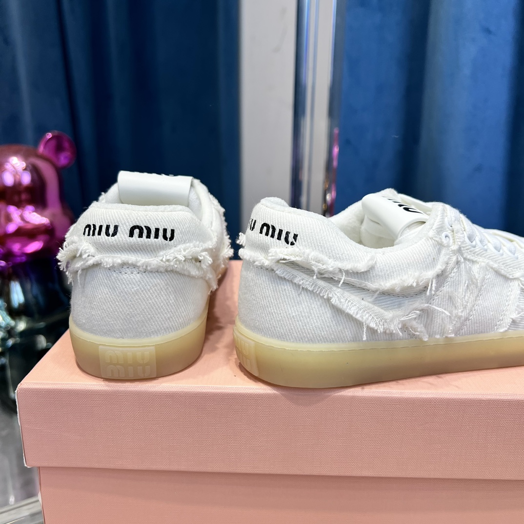 Miu Miu Frayed Canvas Sneakers White