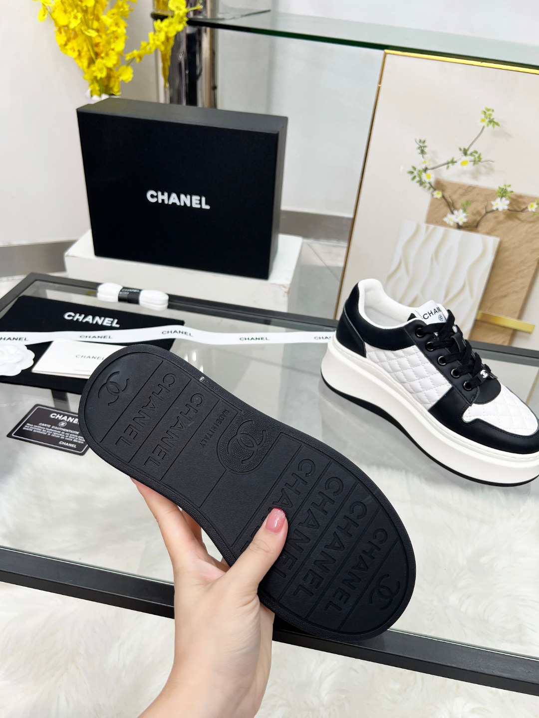 Chanel 25C Quilted Platform Sneakers Black/White