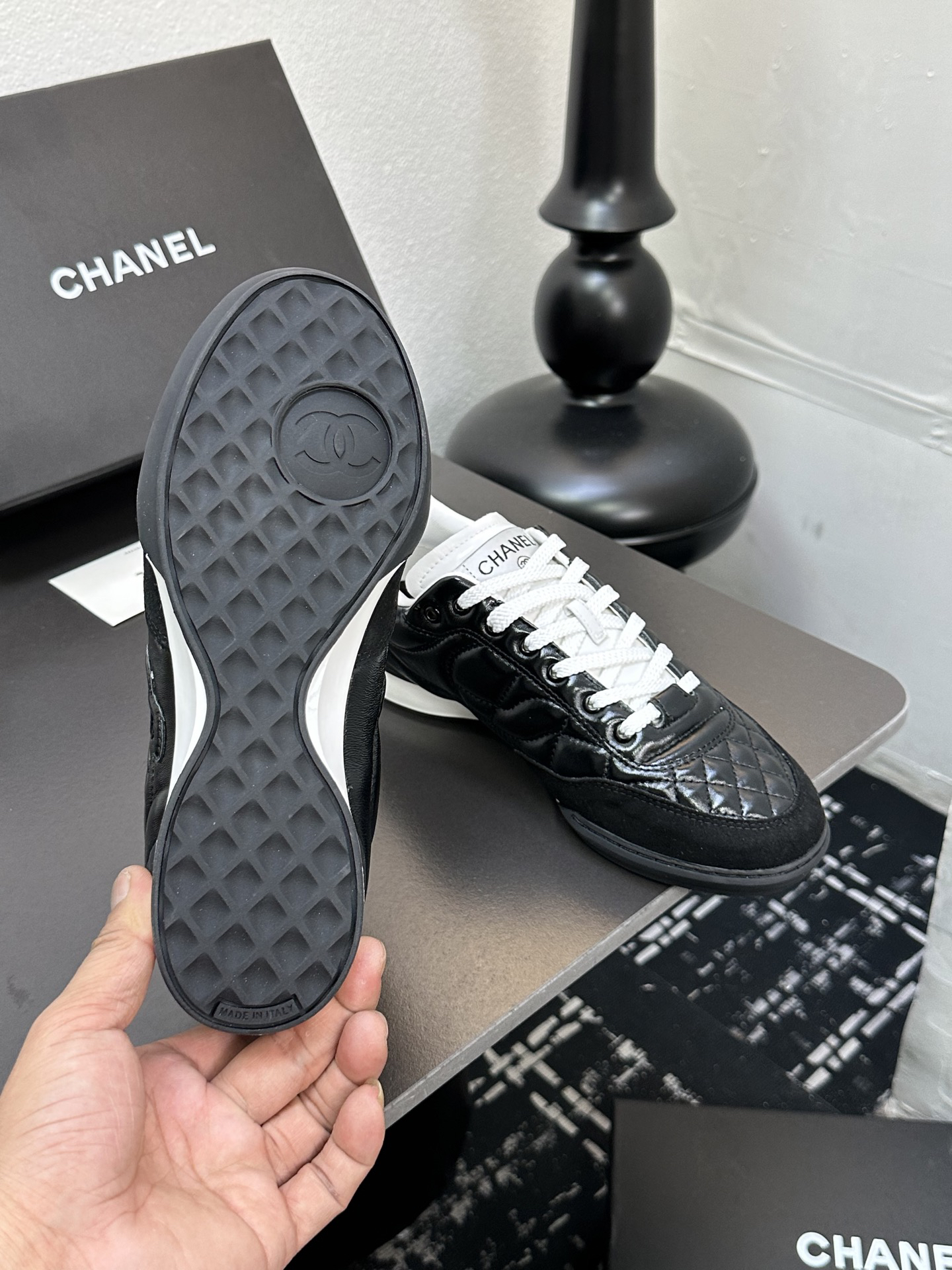 Chanel Quilted Leather Low Sneakers Black/White