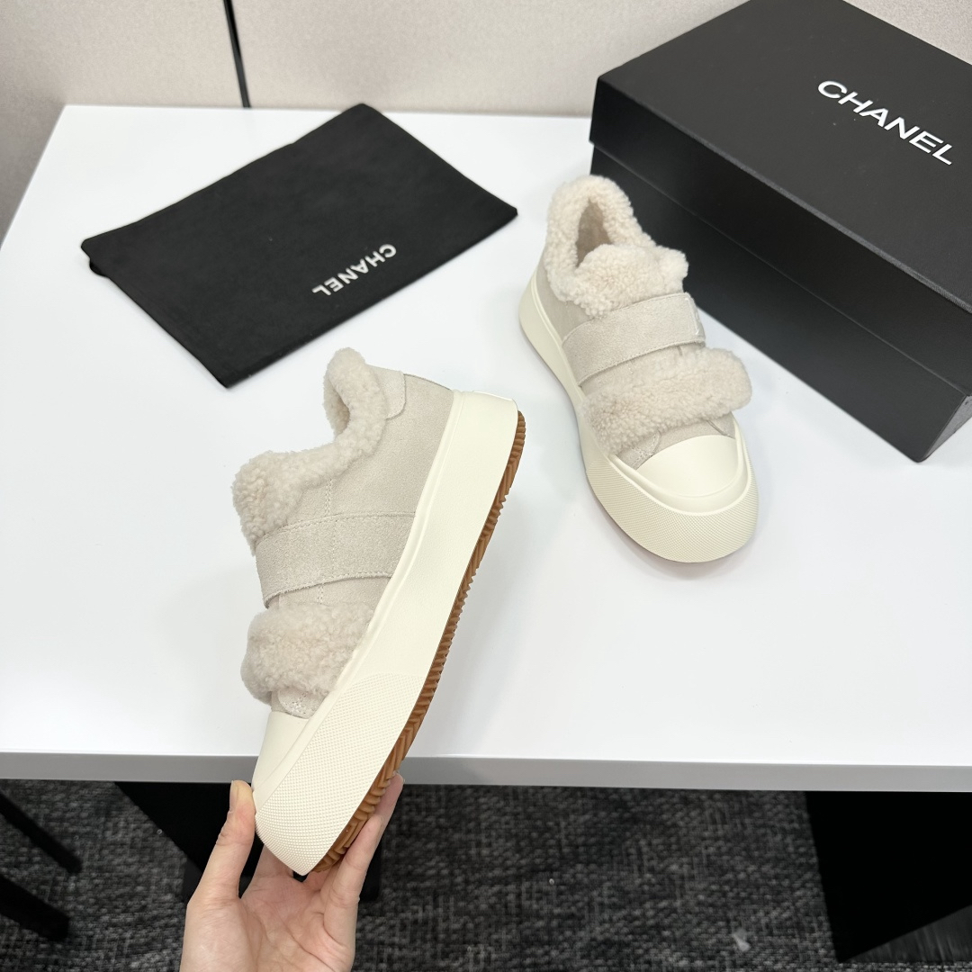 Chanel Shearling Strap Sneakers Beige