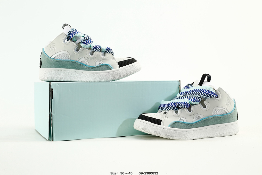 Lanvin Leather Curb Sneakers White Teal