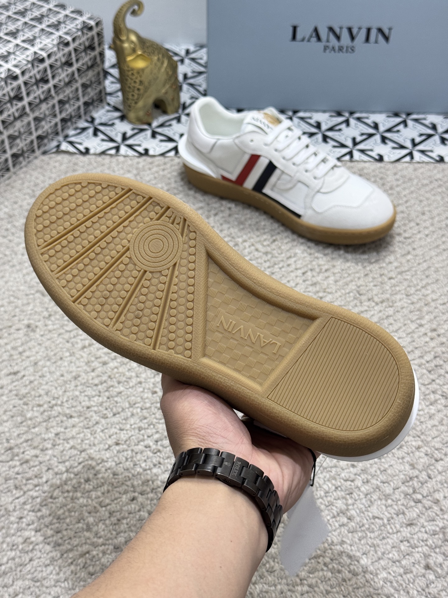 Lanvin Suede Mesh Low-Top Sneakers White/Red/Navy