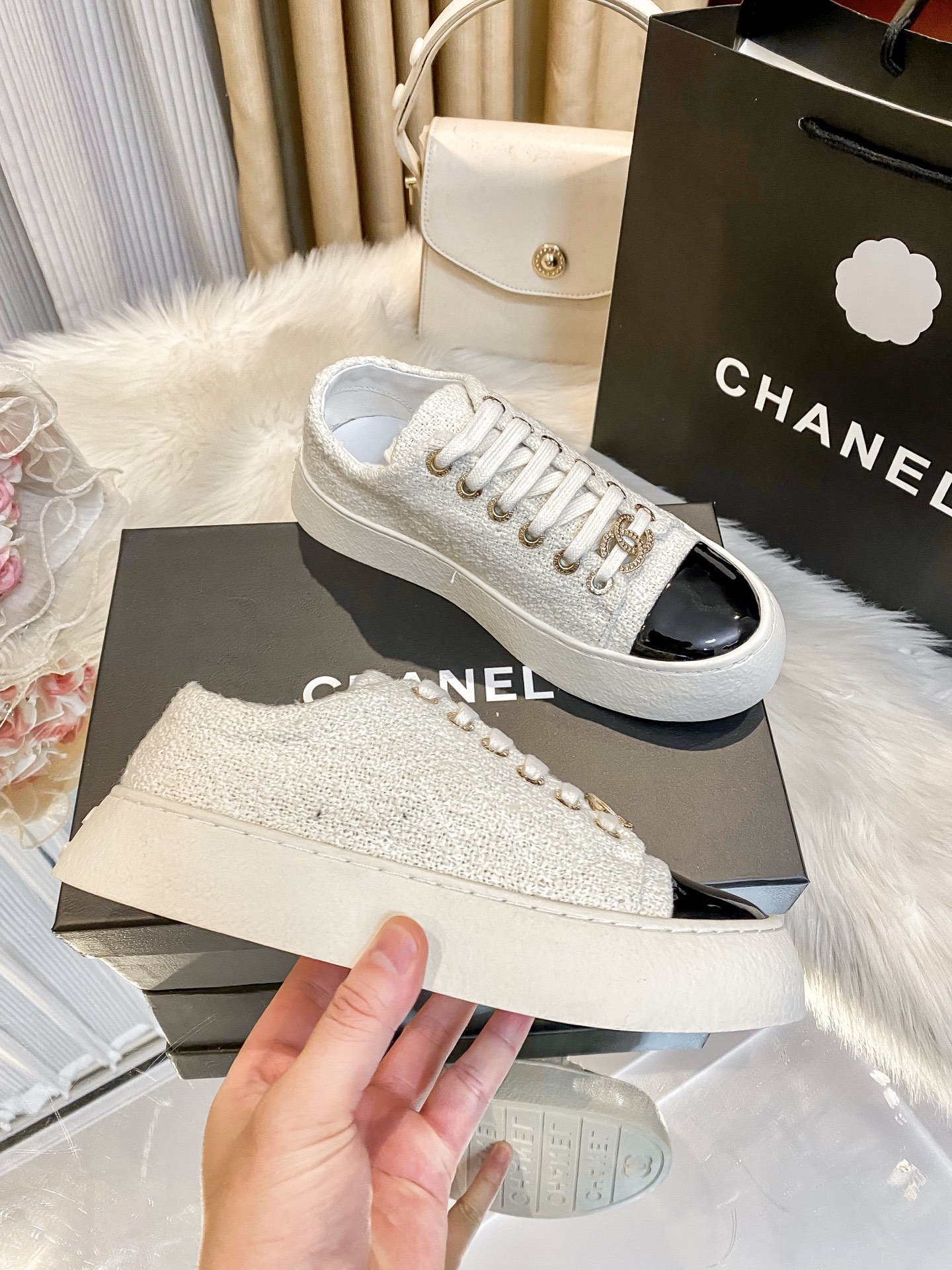 Chanel Tweed Platform Sneakers Black