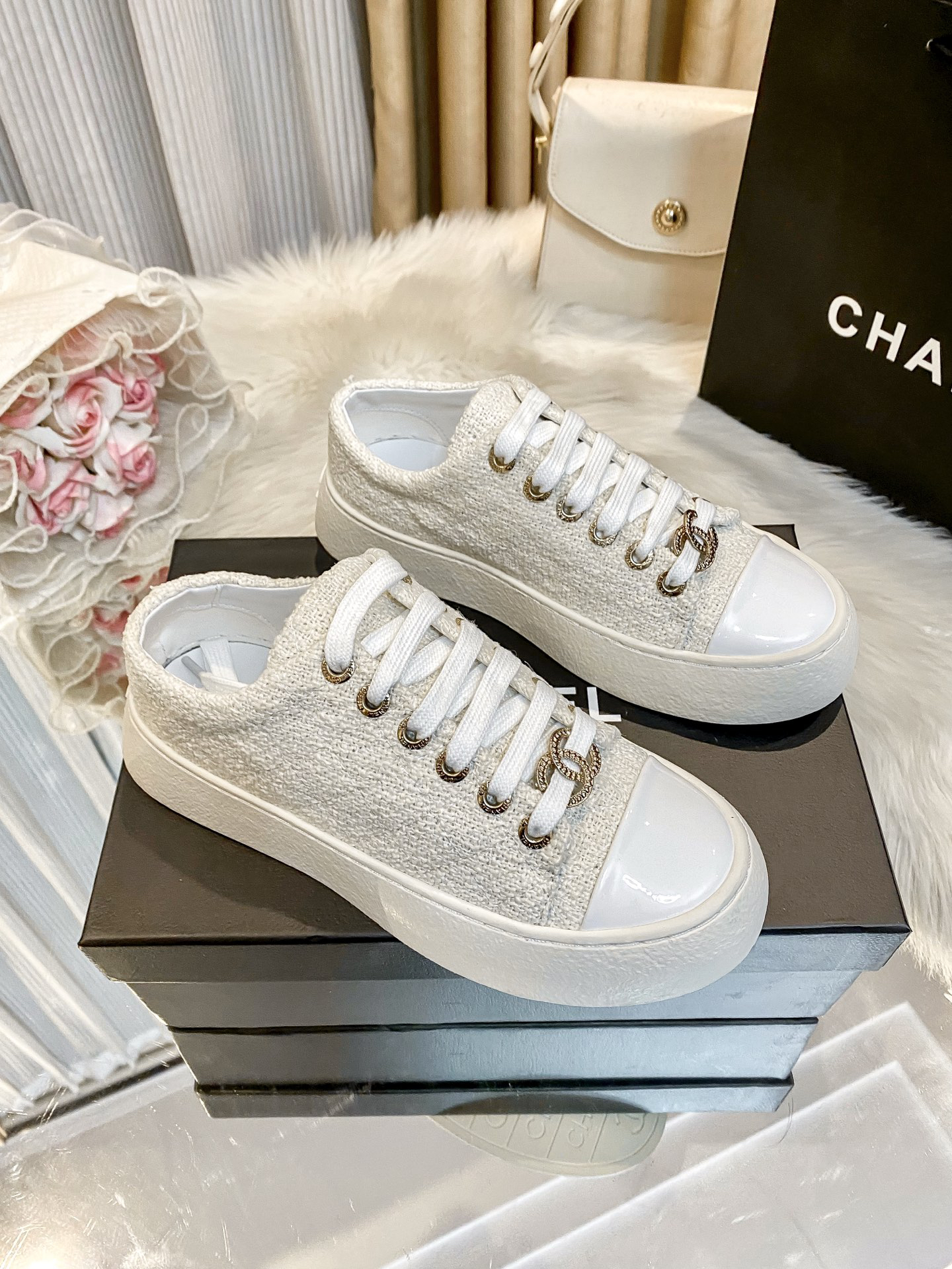 Chanel Tweed Platform Sneakers White
