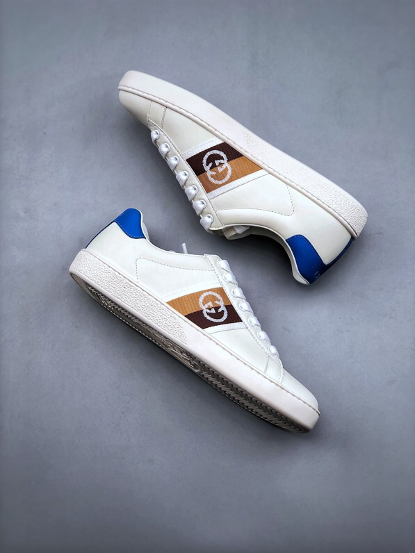 Gucci Ace Low-Top Leather Sneakers White/Blue