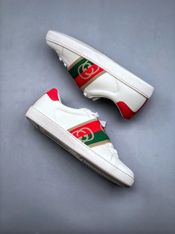 Gucci Ace Web Stripe Leather Sneakers Beige
