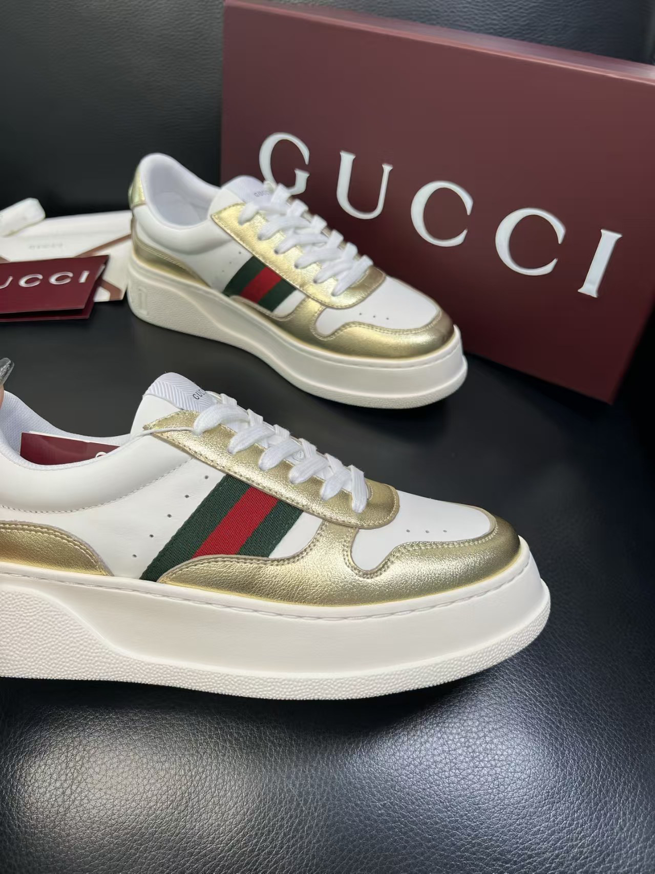 Gucci Web Stripe Platform Sneakers Gold