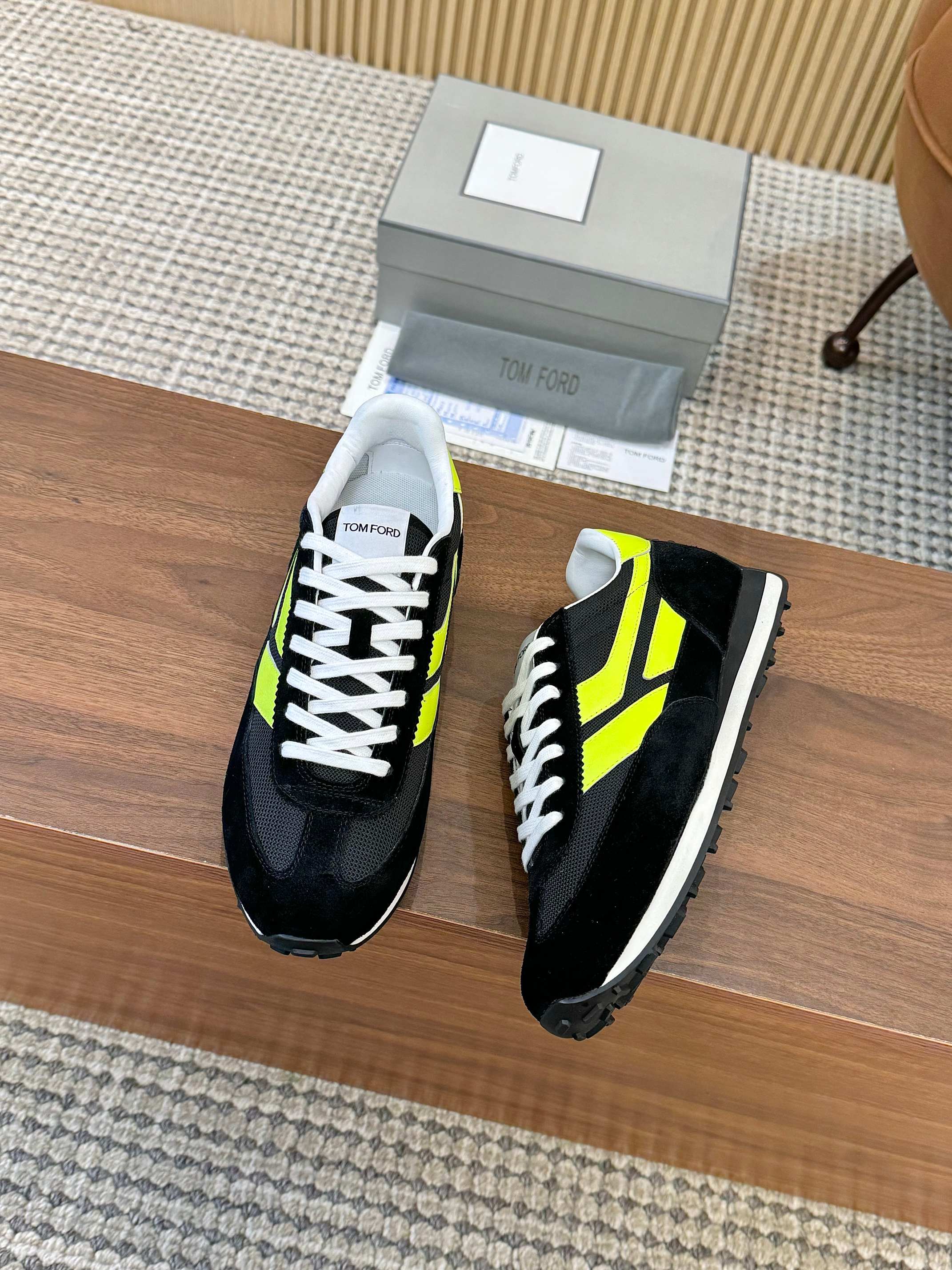Tom Ford Mesh Suede Low-Top Sneakers Black/Neon Yellow