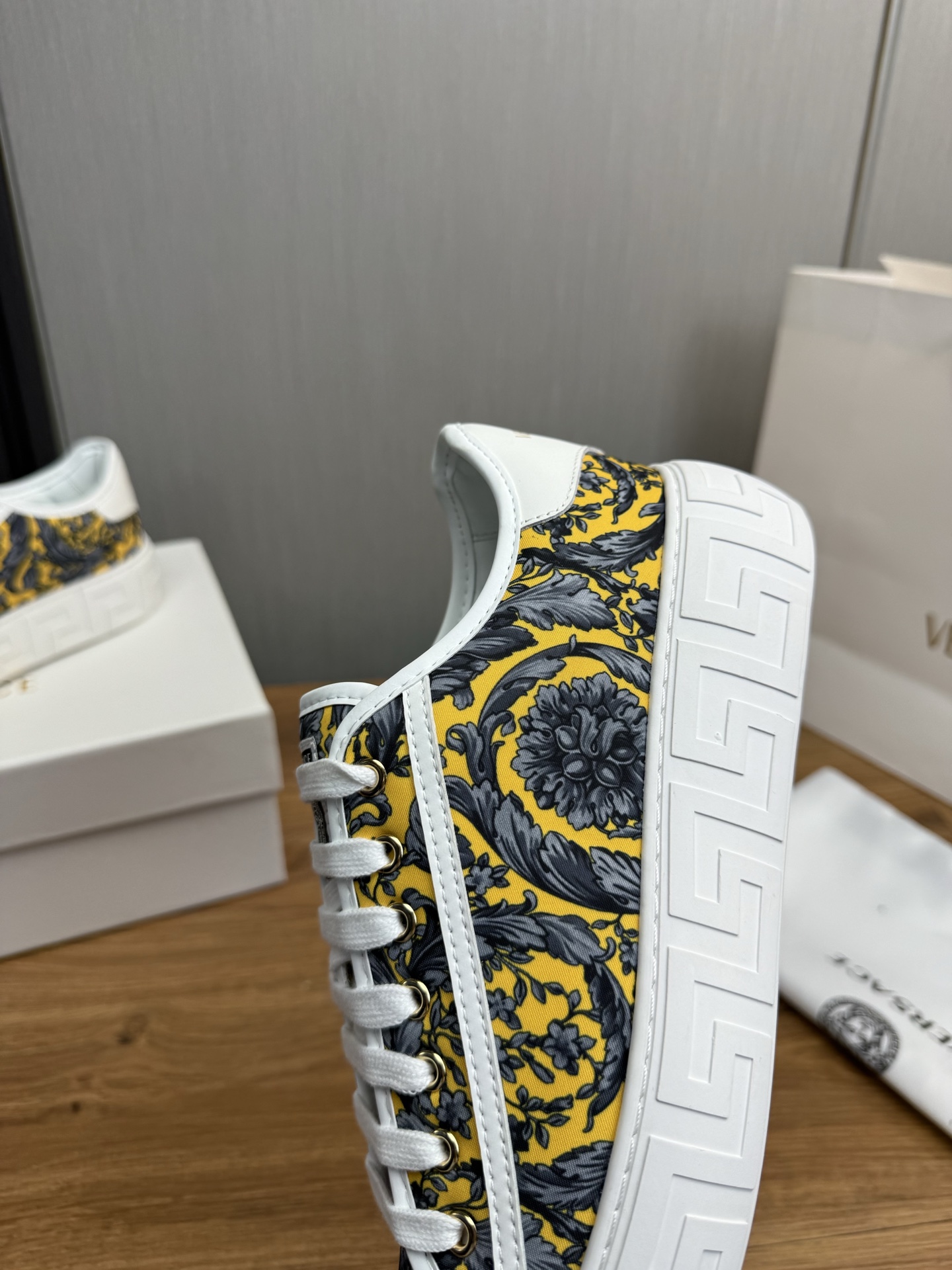 Versace Barocco Print Leather Sneakers Yellow