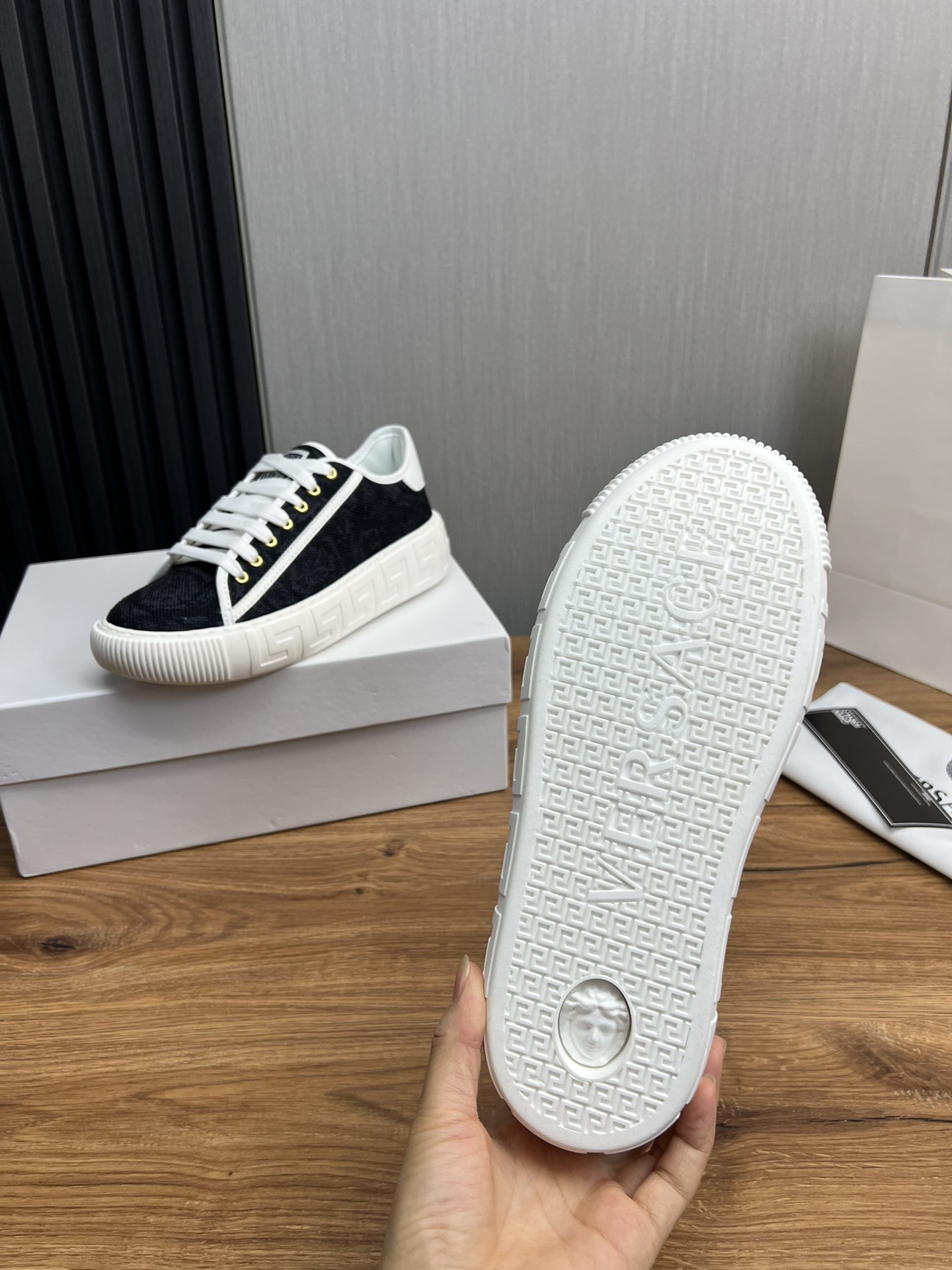Versace Leather Low-Top Sneakers Black/White