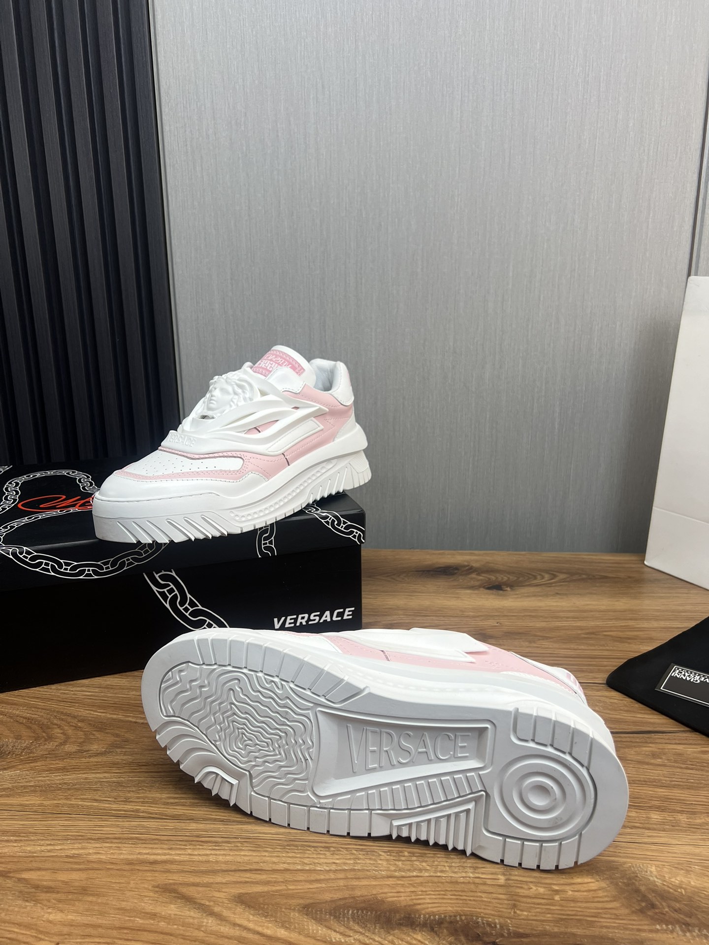 Versace Leather Chunky Sneakers White Pink