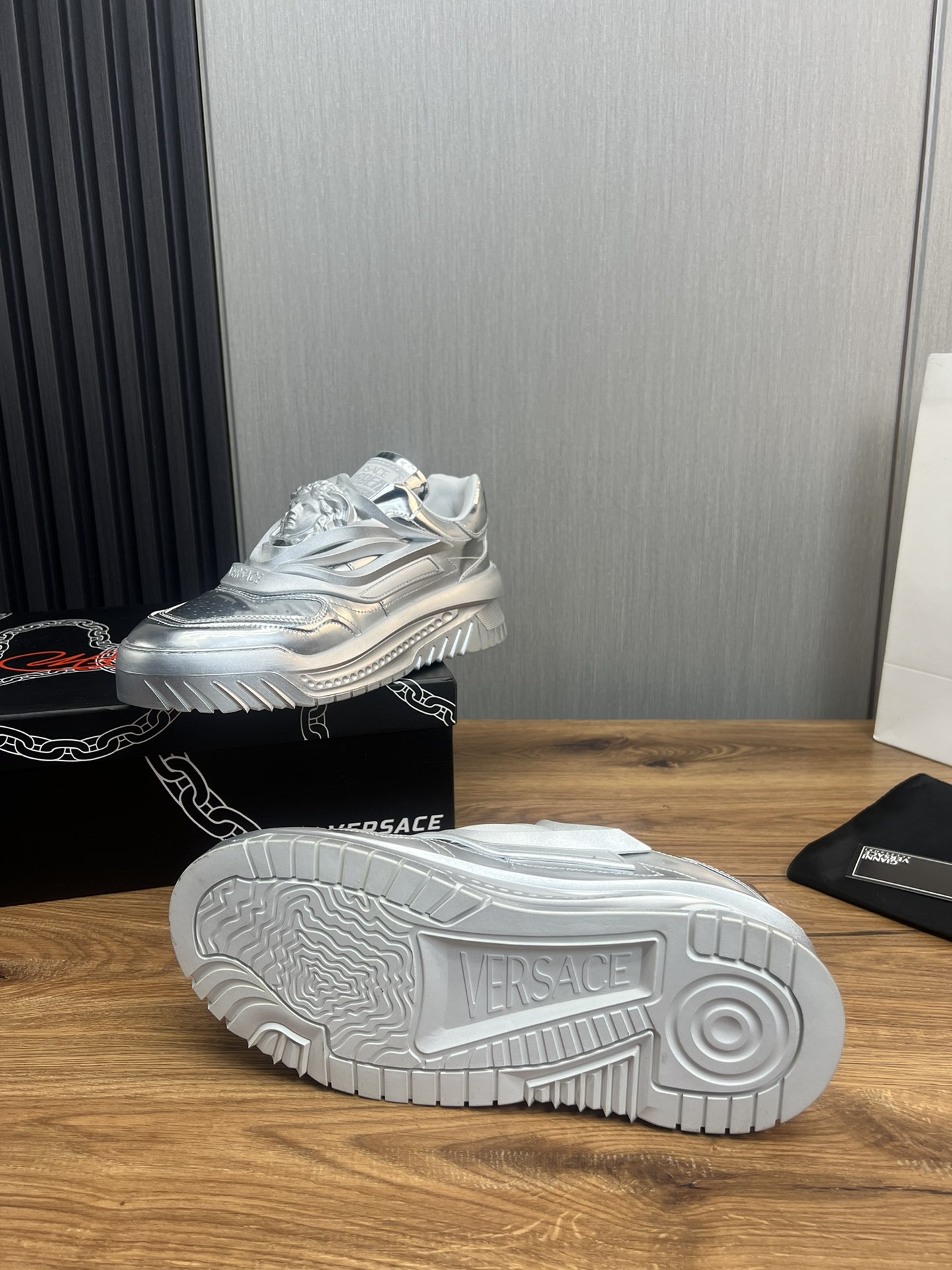 Versace Medusa Leather Sneakers Silver
