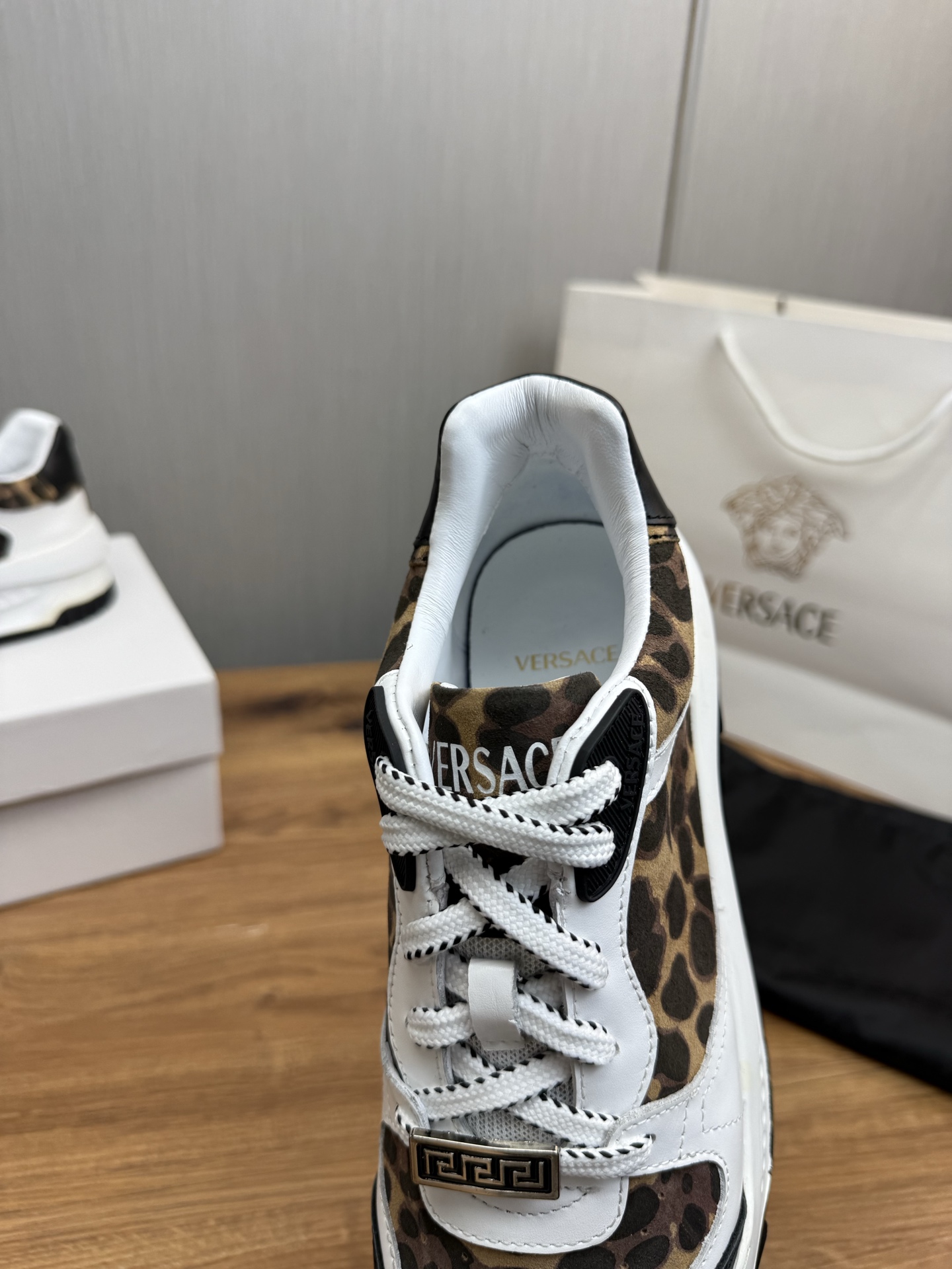 Versace Leather Casual Sneakers Leopard Brown