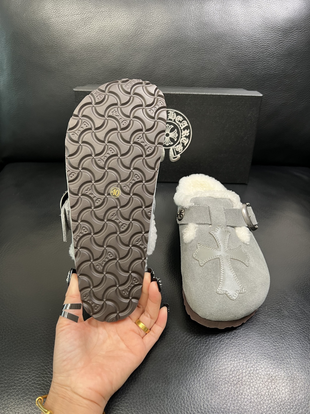 Chrome Heart Shearling-Lined Suede Clogs Gray