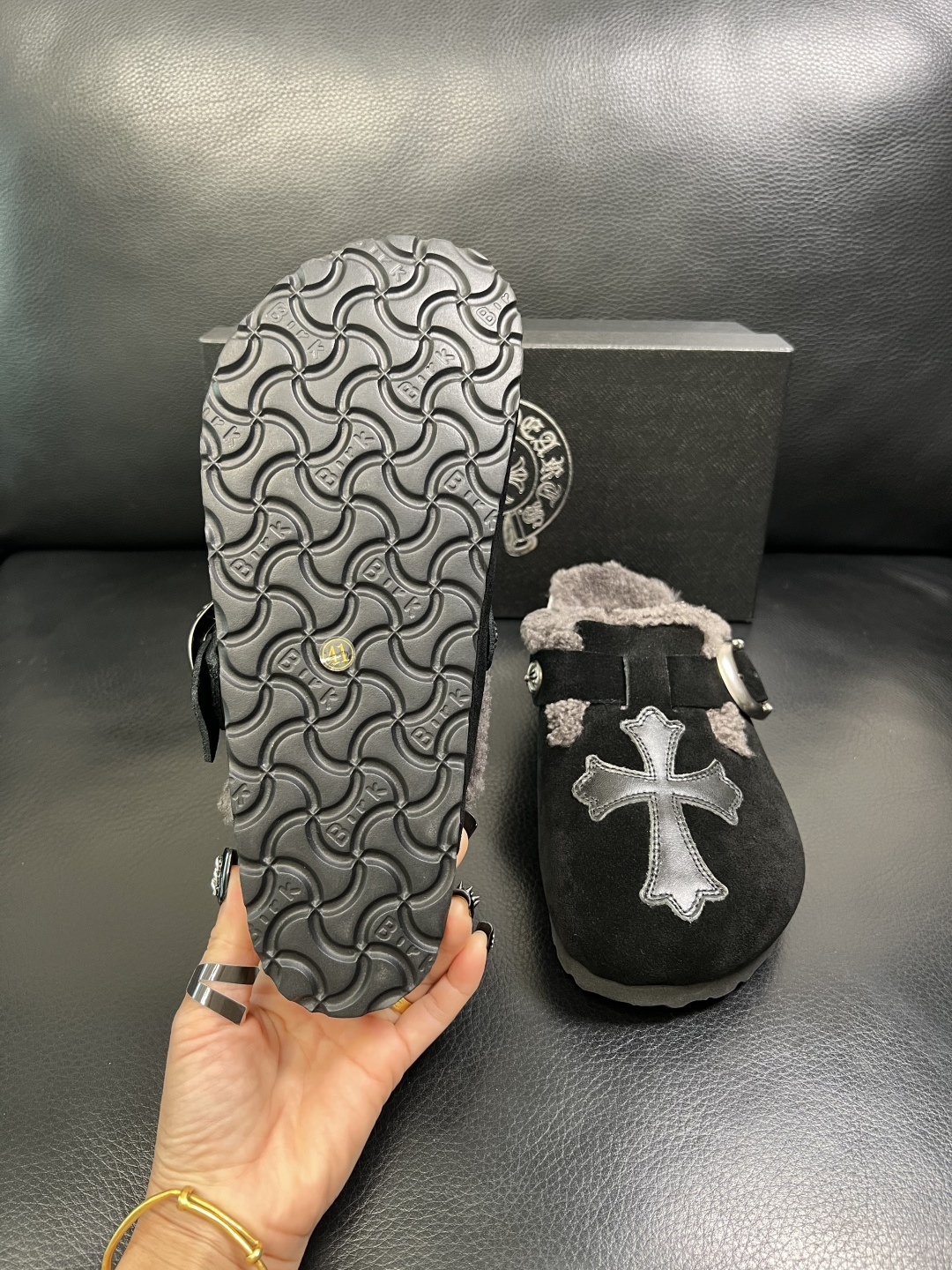 Chrome Heart Shearling Lined Suede Clogs Black