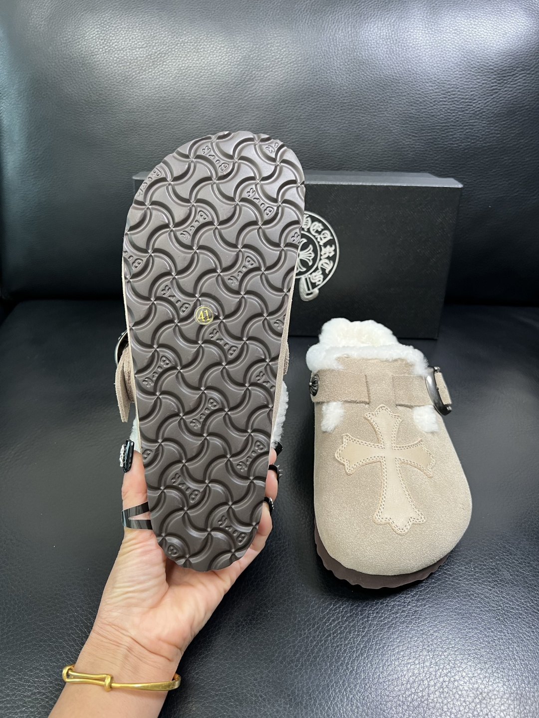 Chrome Heart Shearling Suede Clogs Beige