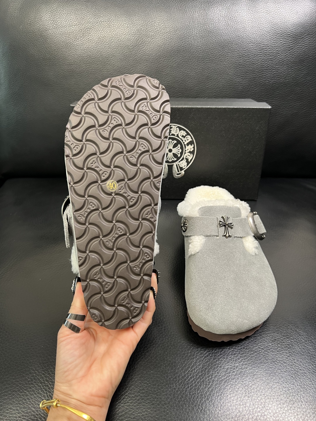 Chrome Heart Shearling Clogs Gray
