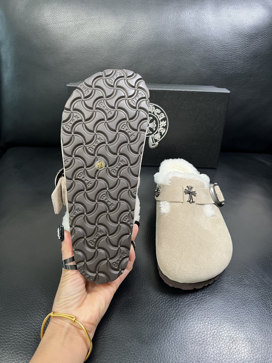 Chrome Heart Shearling-Lined Suede Clogs Beige