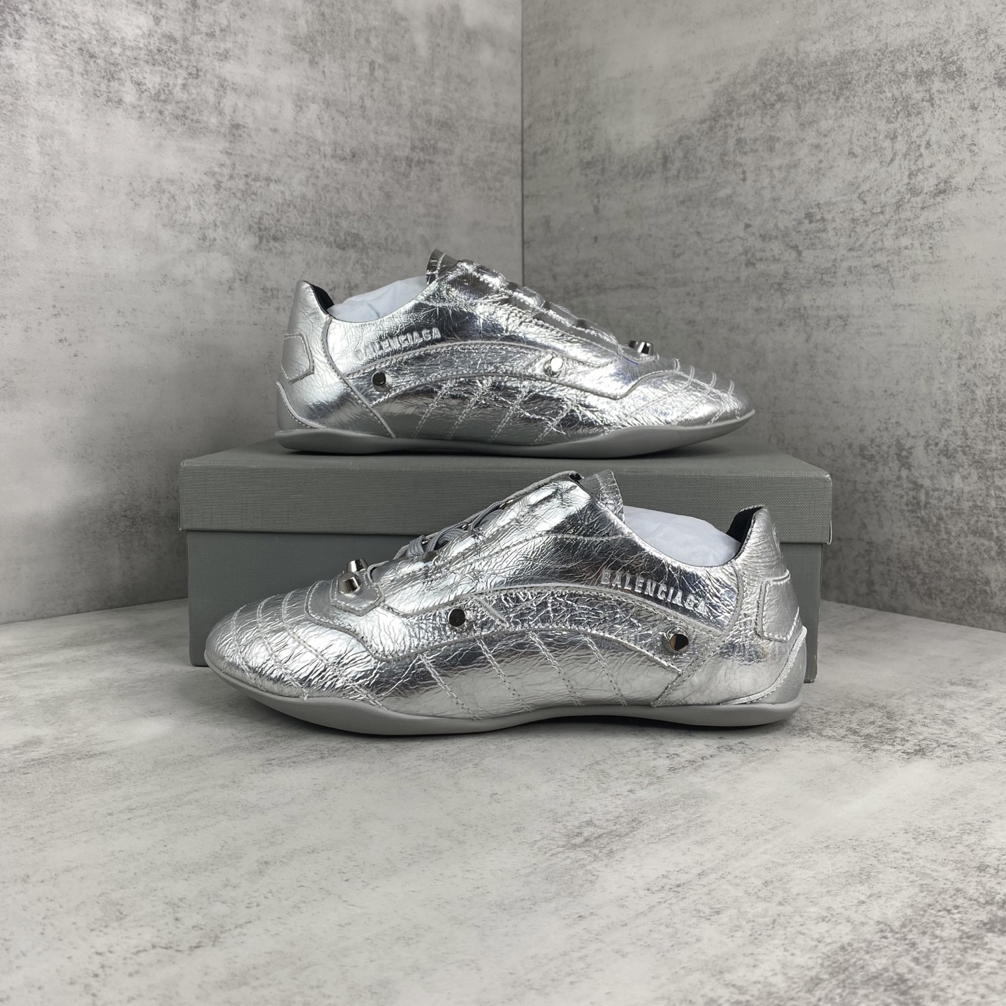 Balenciaga Punk Stud Lace-Up Shoes Silver