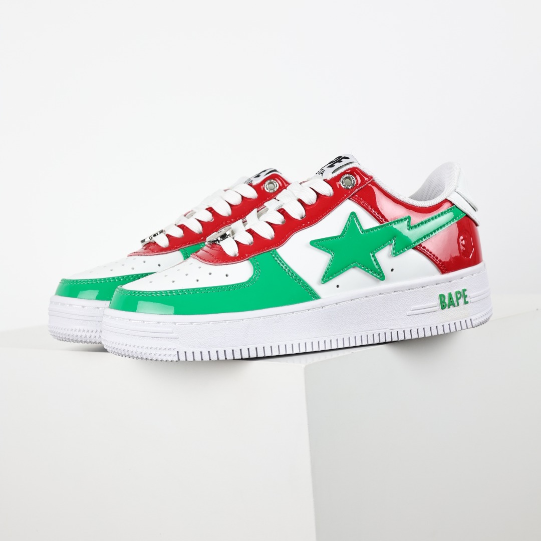 BAPE STA Patent Leather Low Sneakers Red Green White