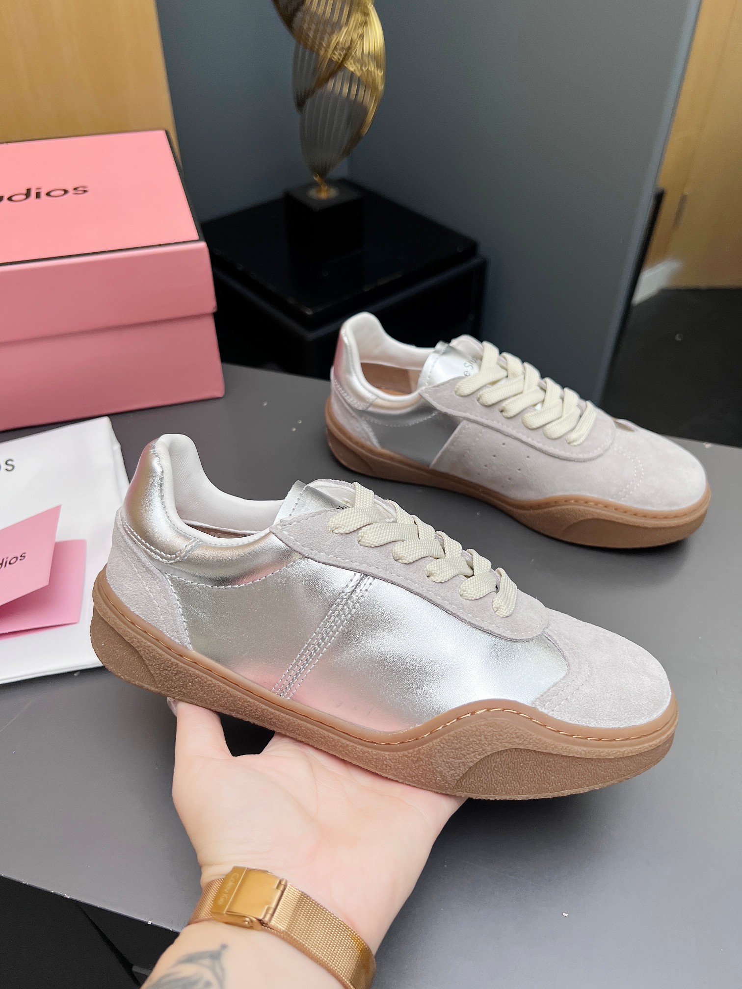 Acne Studios Lace-Up Smile Sneakers Silver