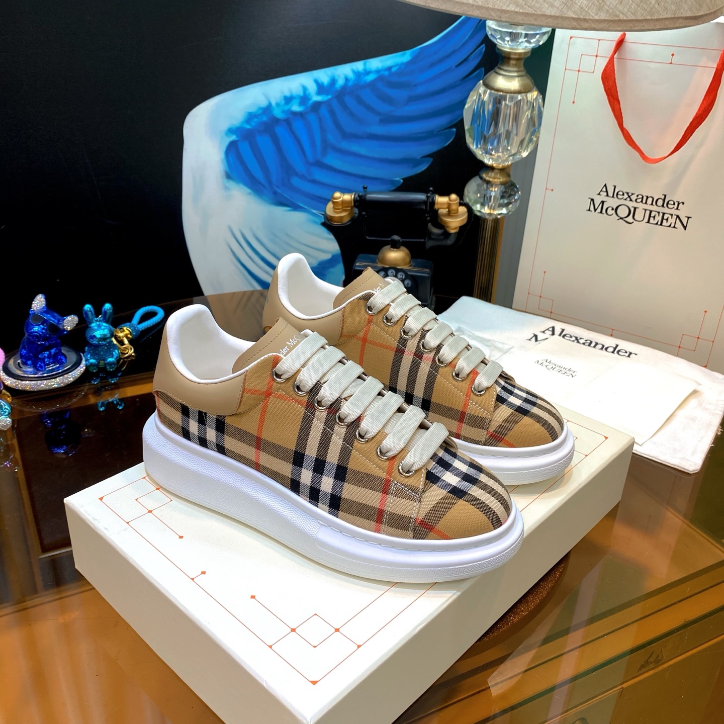 Alexander McQueen Plaid Platform Sneakers Beige
