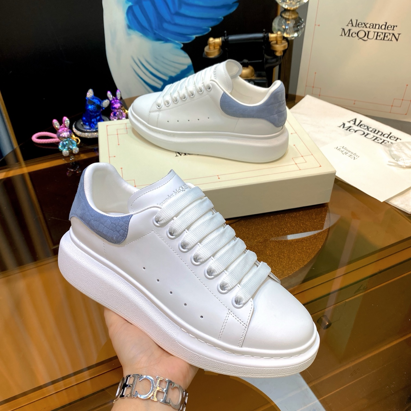 Alexander McQueen Oversized Leather Sneakers White/Blue Grey