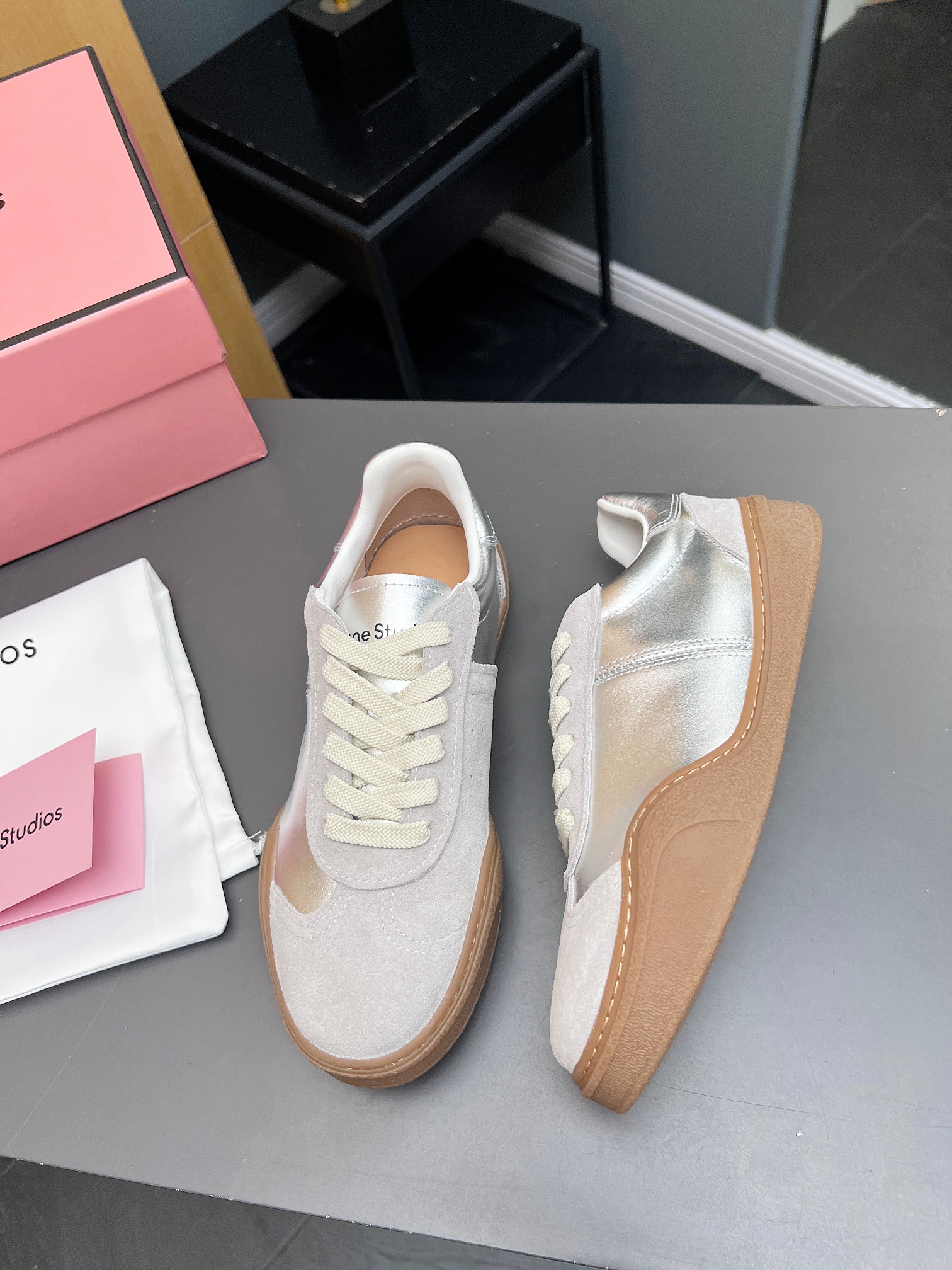 Acne Studios Lace-Up Smile Sneakers Silver