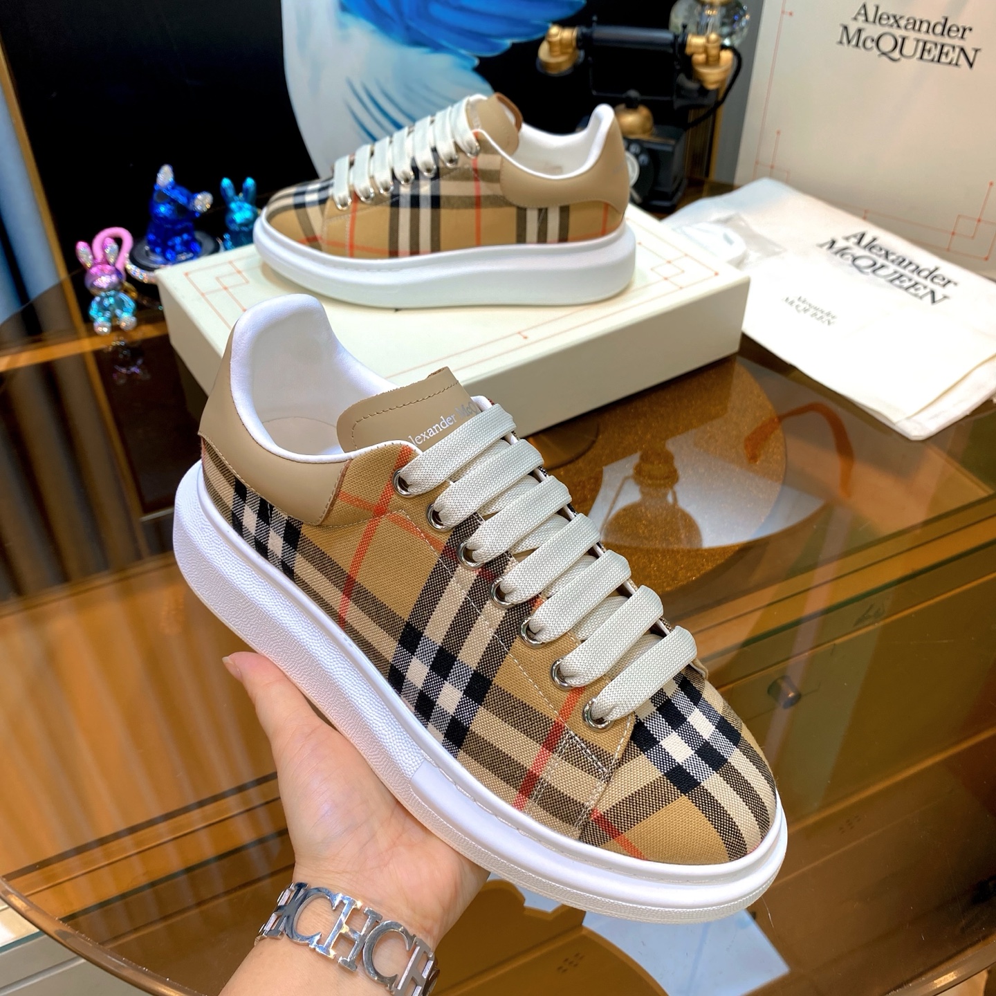 Alexander McQueen Plaid Platform Sneakers Beige