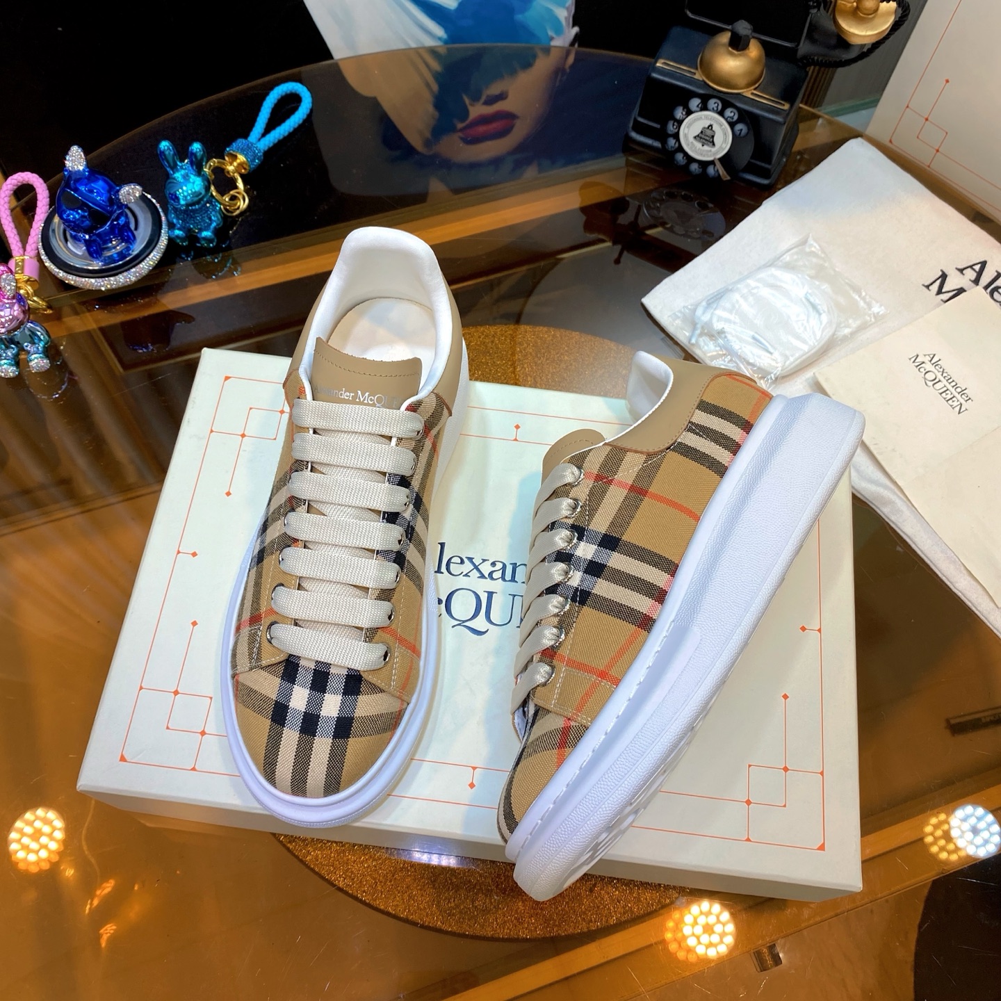 Alexander McQueen Plaid Platform Sneakers Beige