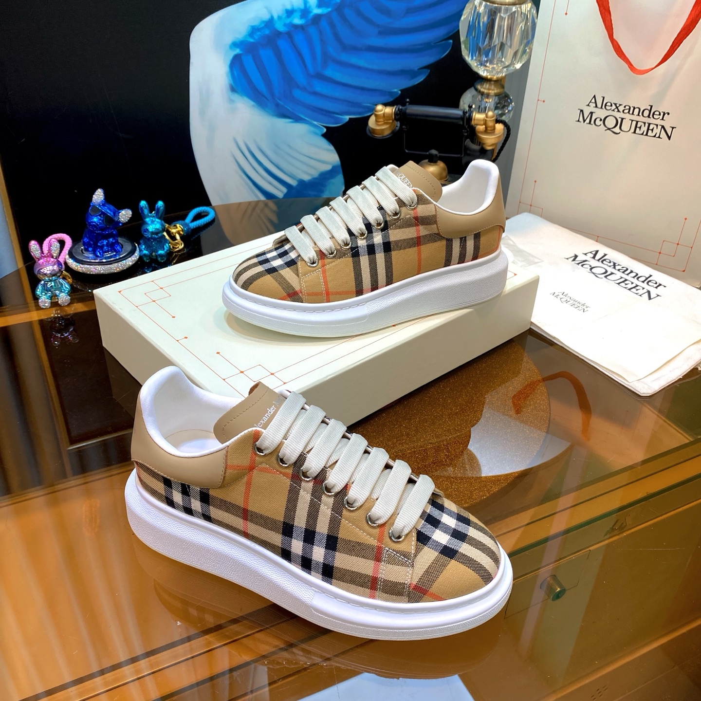 Alexander McQueen Plaid Platform Sneakers Beige