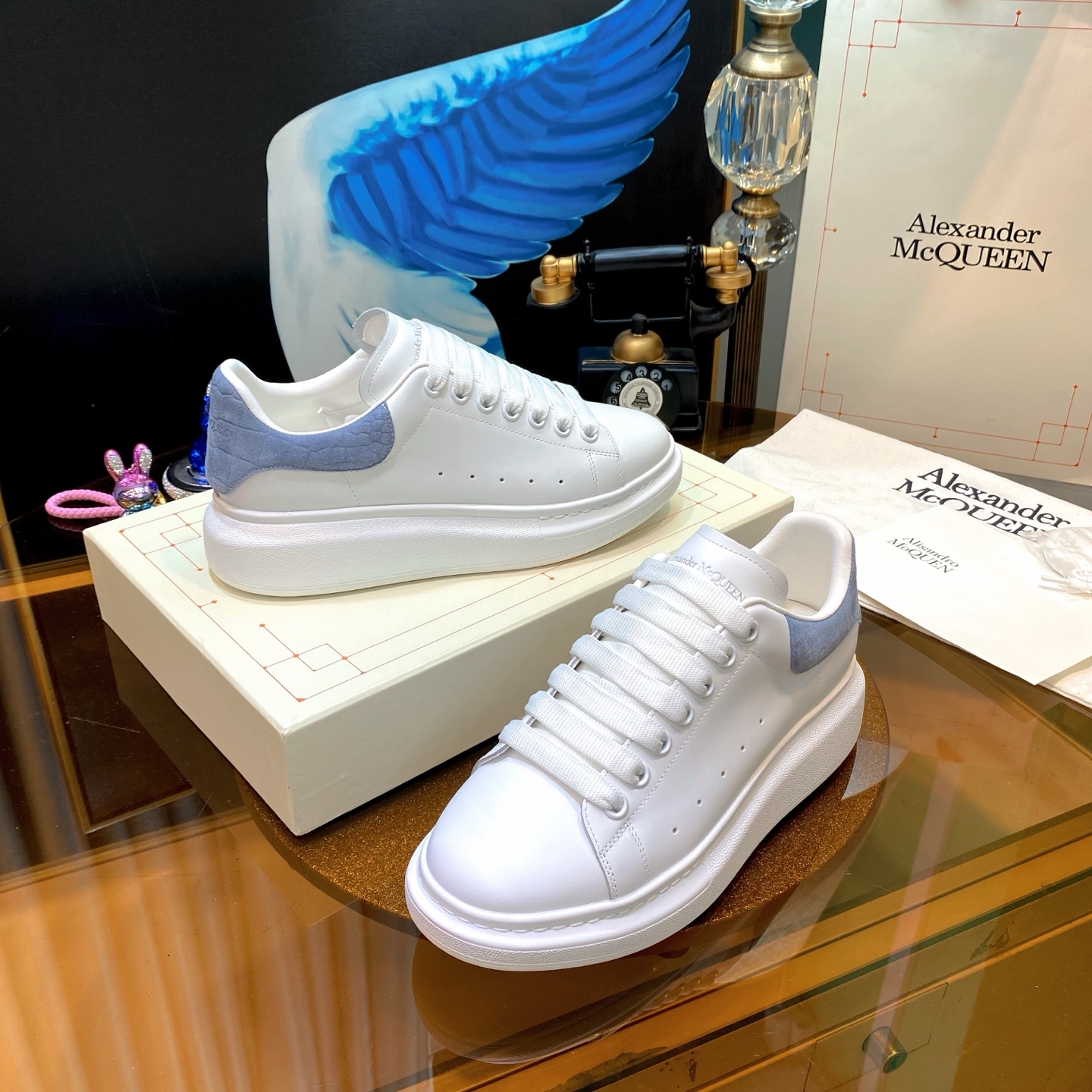 Alexander McQueen Oversized Leather Sneakers White/Blue Grey