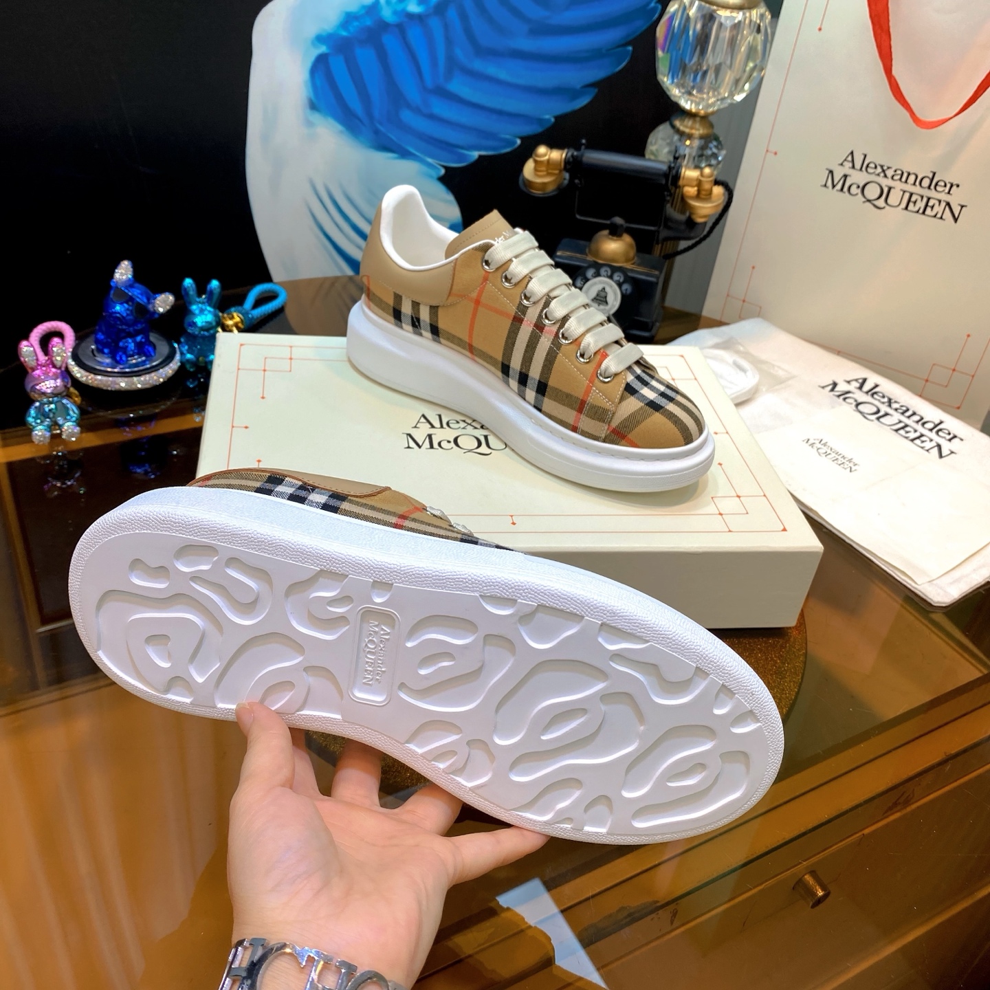 Alexander McQueen Plaid Platform Sneakers Beige