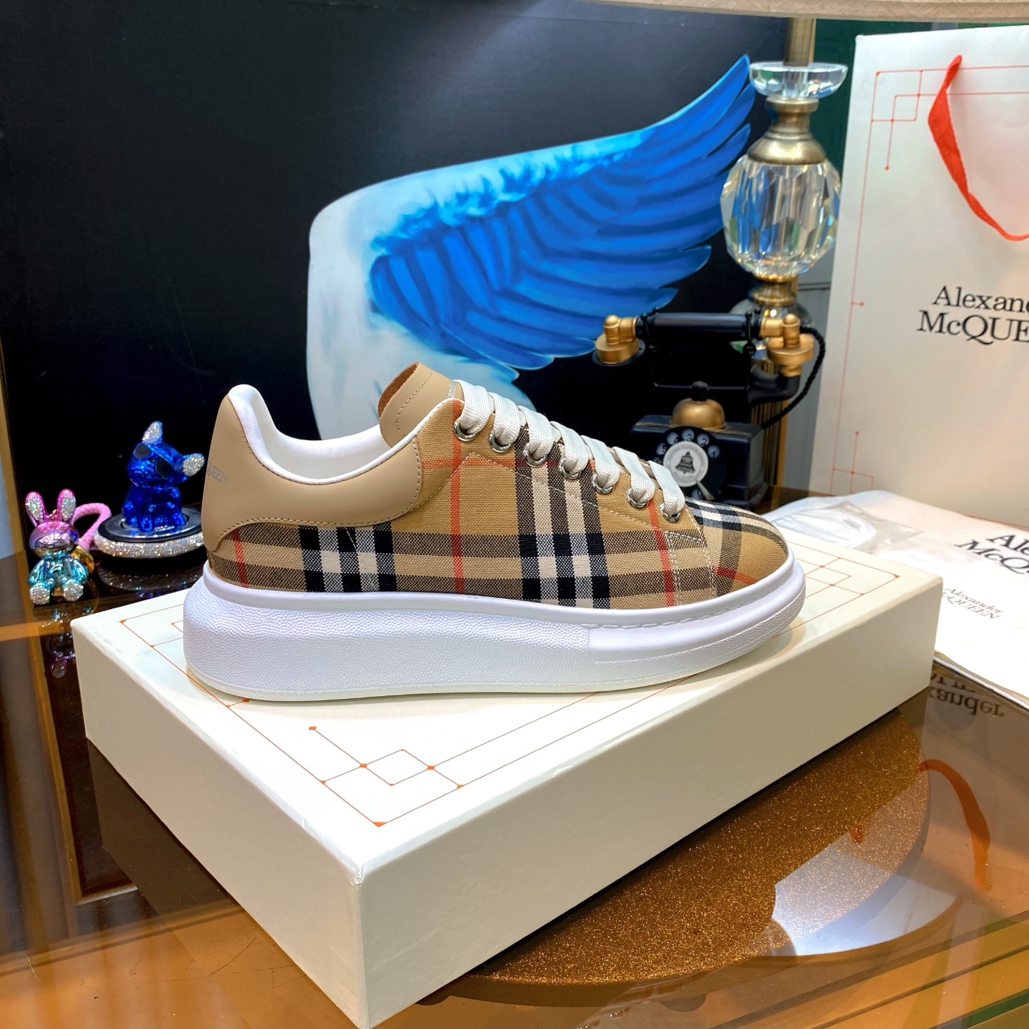Alexander McQueen Plaid Platform Sneakers Beige